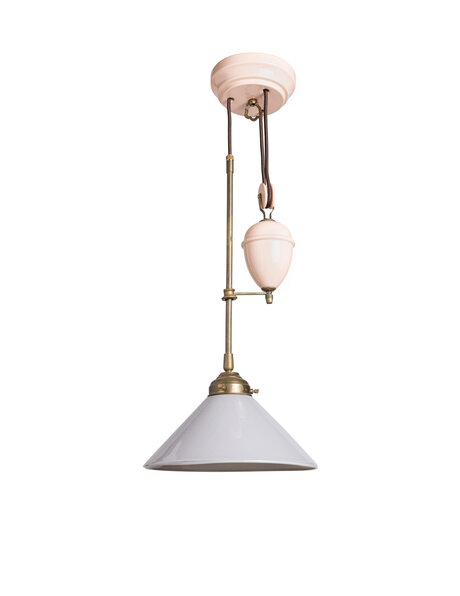 Oude keukentafel lamp met roze porselein katrol