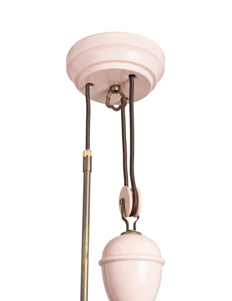 Oude keukentafel lamp met roze porselein katrol