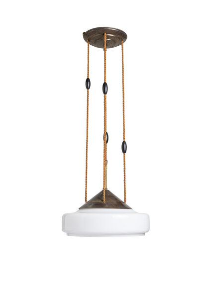 Classic White Hanging Lamp on 4 Ropes, Art Deco, 1930s