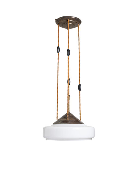 Oude hanglamp, wit glazen kap aan 4 touwen