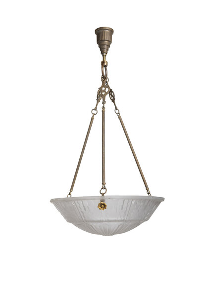Art Deco Pendant Lamp, Frosted Glass Bedroom Bowl, 1930s