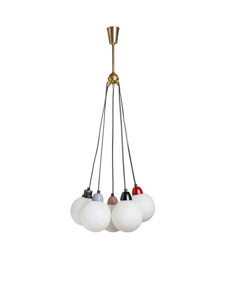 Vintage hanglamp,  vijf witte bollen aan snoer
