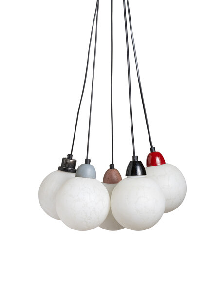 Vintage hanglamp,  vijf witte bollen aan snoer