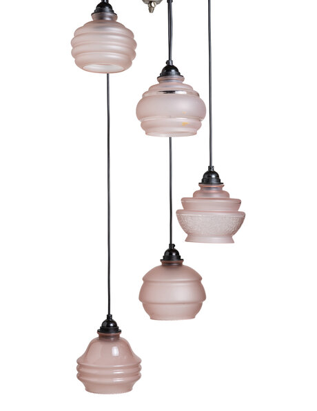 Vintage pendant lamp, five rose glass lampshades