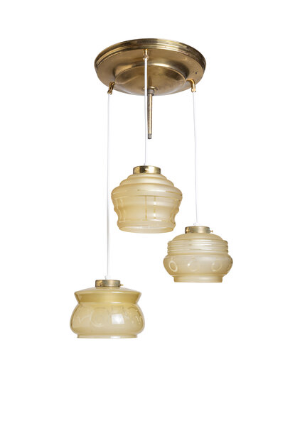 Brown Glass Pendant Lamp, Three Glass Shades, Brass Fixture