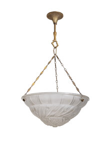 French pendant lamp, frosted glass bowl, on three chains, 1930s