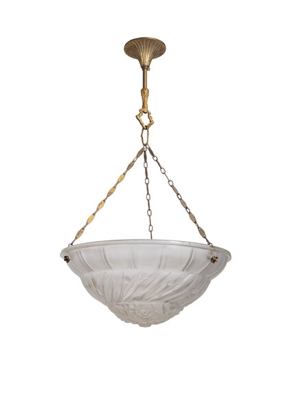 French pendant lamp, frosted glass bowl, on three chains, 1930s