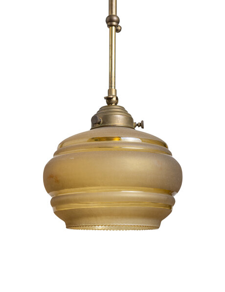 Old hanging lamp, sliding rod with brown glass shade