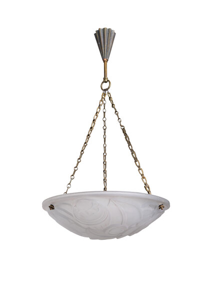 Franse Art Deco Hanglamp, Gebloemd Persglas, Jaren 30
