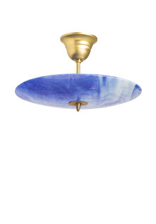Blauwe Hanglamp, Ronde Glazen Schaal dichtbij Plafond, Jaren 40