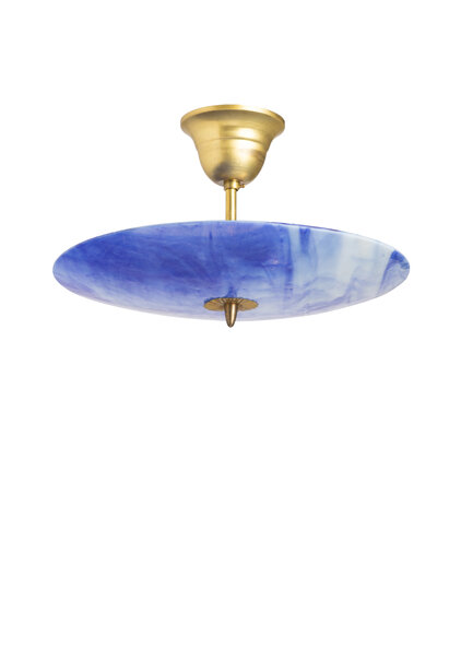 Blue Pendant Lamp, Round Glass Bowl near Ceiling, 1940s