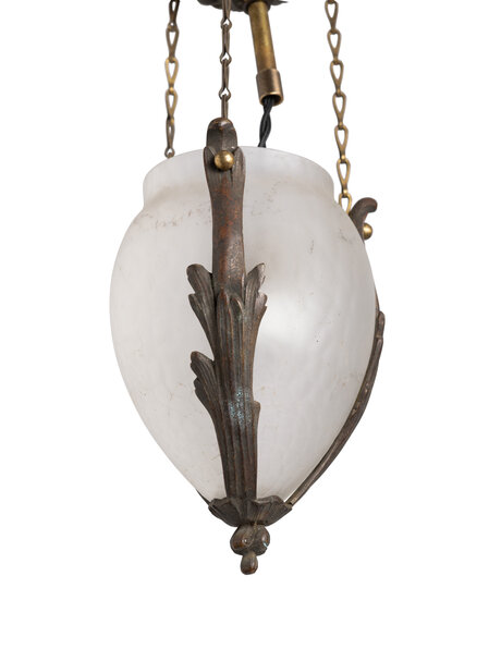 Old hanging lamp, frosted glass cup in brass