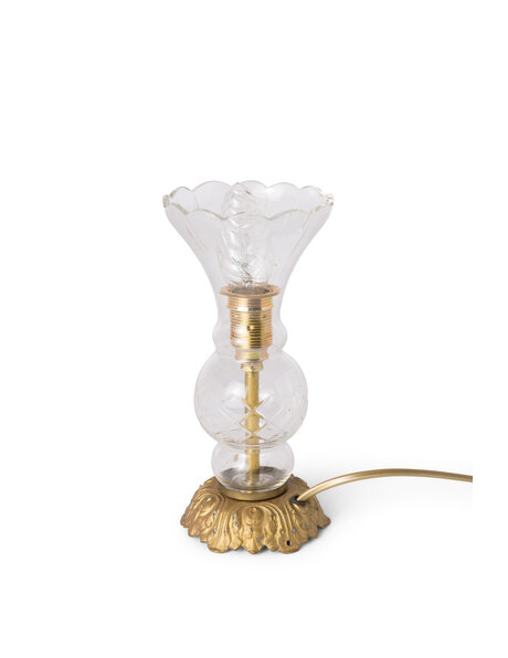 Kleine tafellamp, helder geslepen glas en messing