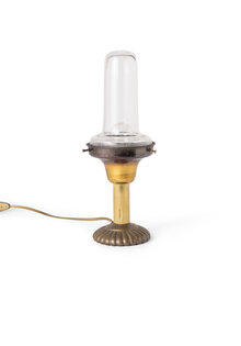 Old table lamp, light column, brass and clear glass