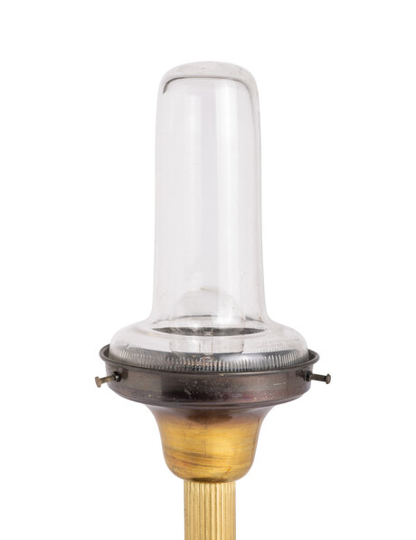 Brass table lamp, clear glass cylinder