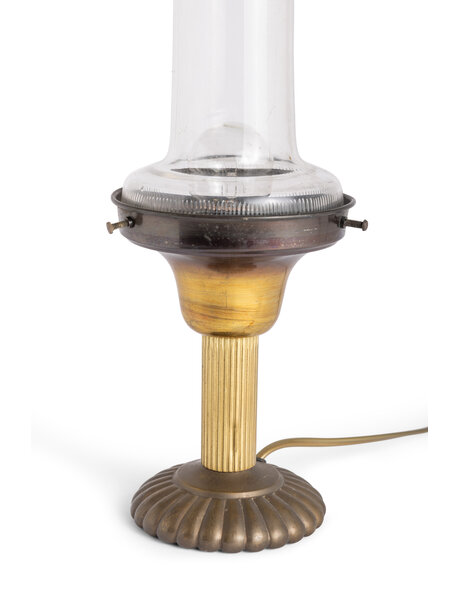 Brass table lamp, clear glass cylinder
