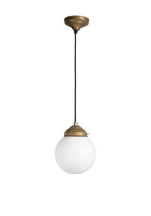 Old hanging lamp, white glass ball on cord, 1940s-50s
