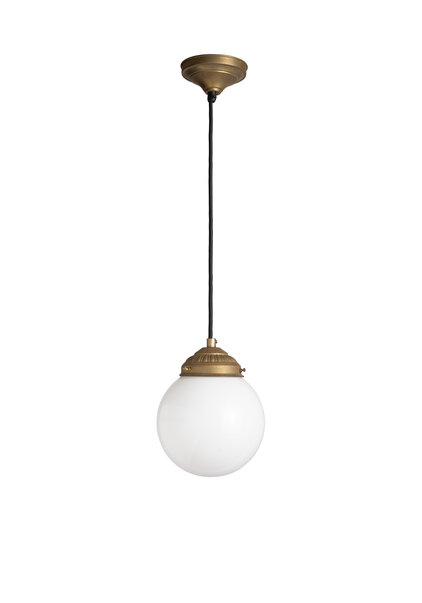 Old hanging lamp, white glass ball on cord, 1940s-50s