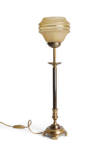 Tall Brown Copper Table Lamp With Gold Rimmed Glass