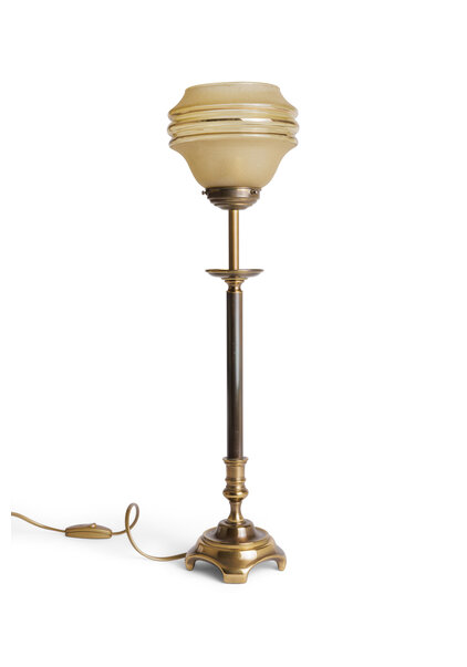 Tall Brown Copper Table Lamp With Gold Rimmed Glass