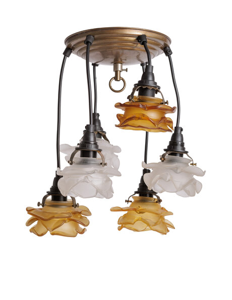 Brocante cascade hanglamp matglas en bruine roosjes