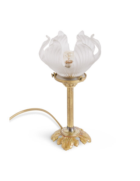 1930s brass table lamp with frosted glass flower