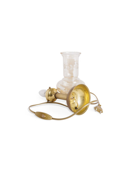 Antieke messing lamp, geëtst glas: bloemmotief