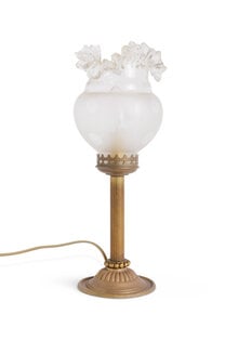 Jaren 40 Lamp Met Bruin Koperen Voet en Frivool Matglas