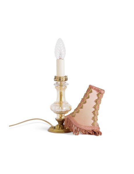 Vintage brass lamp dusty pink fabric shade fringe 1940s