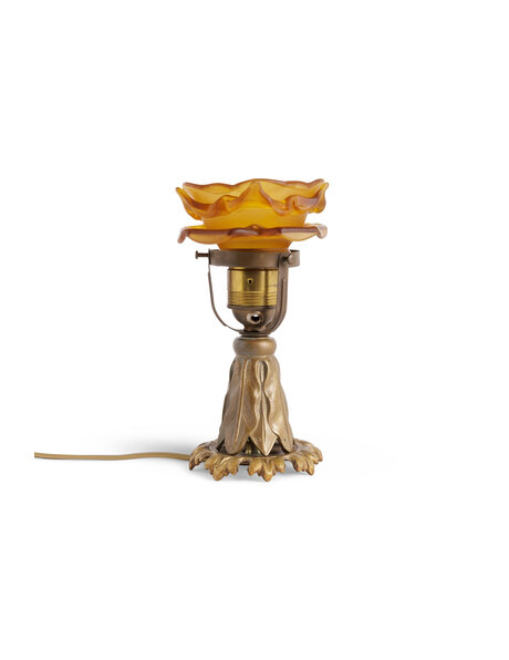 Tafellamp, messing bloemvorm, bruinig matglas