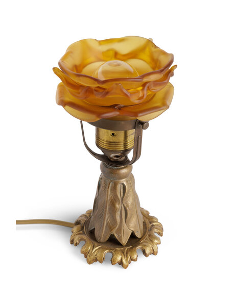 Tafellamp, messing bloemvorm, bruinig matglas