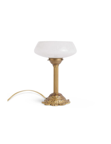 Oude tafellamp kelk, gewolkt glas, koper bloemvoet, jaren 30