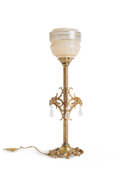 Golden Copper Table Lamp With Brown Glass Shade