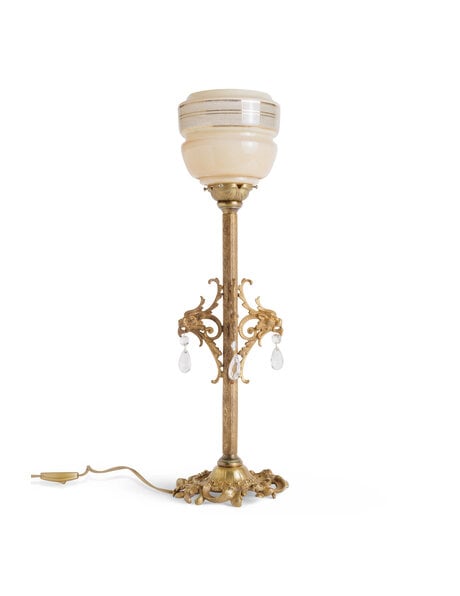 Antique copper lamp with brown glass and curls 1930