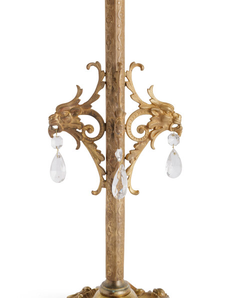 Vintage koperen lamp met bruin glas en krullen 1930