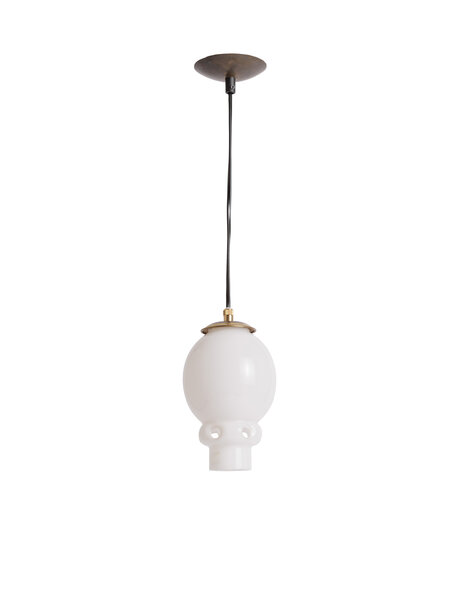 1950s pendant lamp, white glass on black cord