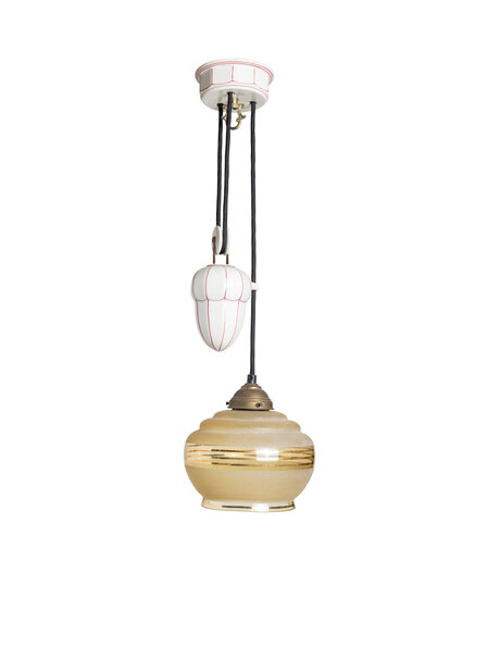 Trekpendel hanglamp, wit met roze porselein, jaren 30