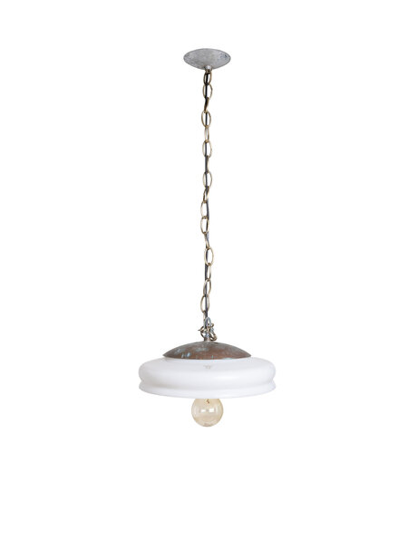 Oud hanglampje, wit glas, chroom armatuur