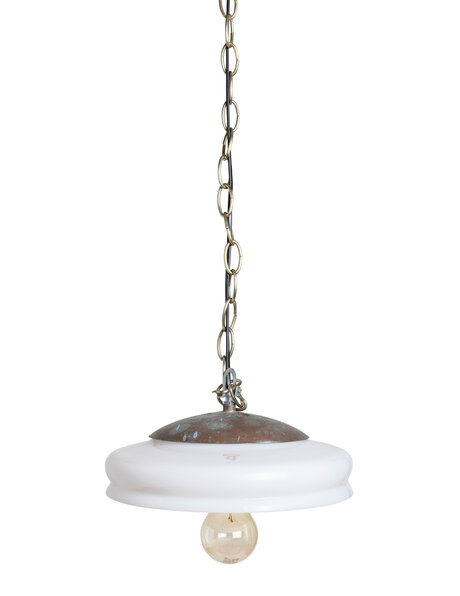 Old hanging lamp, white glass, chrome fixture
