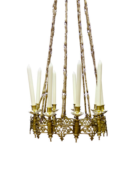 Copper hanging lamp for 9 real candles, 1900s