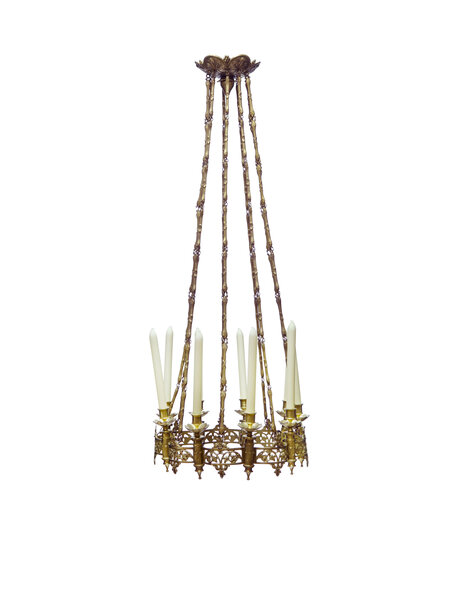 Copper hanging lamp for 9 real candles, 1900s