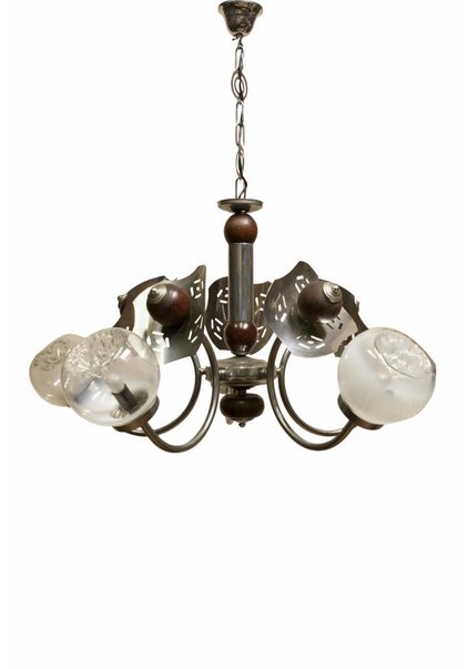 Pendant Lamp, Wood-Chrome Fixture with Murano Glass