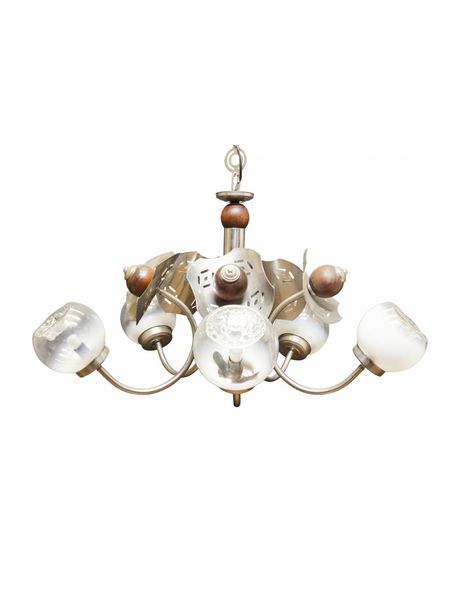 Hanging lamp from the 50s, chrome and wood fixture with Murano glass spheres