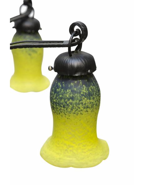1930s hanging lamp, Fer Forge in black, hand-blown glass in blue, green, yellow, 1920s