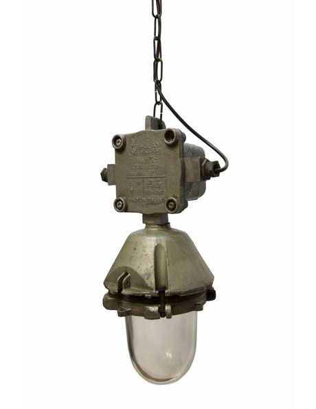 Industriele lamp, robuuste metalen houder met helder glazen cilinder, ca. 1940