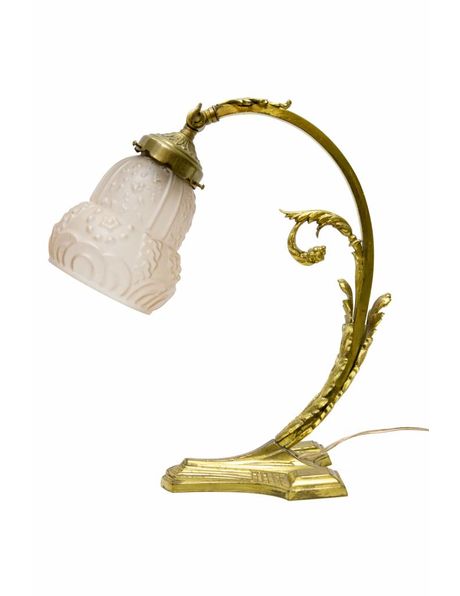 Desk lamp, 1930s lighting, yellow copper with rose glass shade