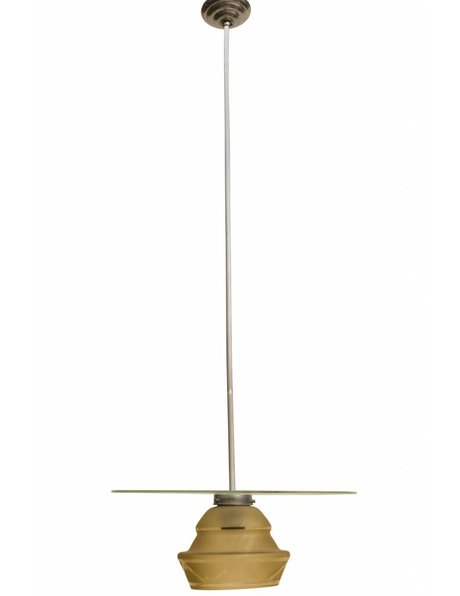 Hanging lamp, yellow shade on the rod covered by a glass plate, 1940s