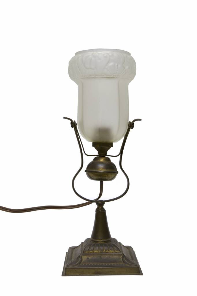 Vouwen Belonend naaien Brocante tafellamp, jaren 30, matglas kapje - Lamplord