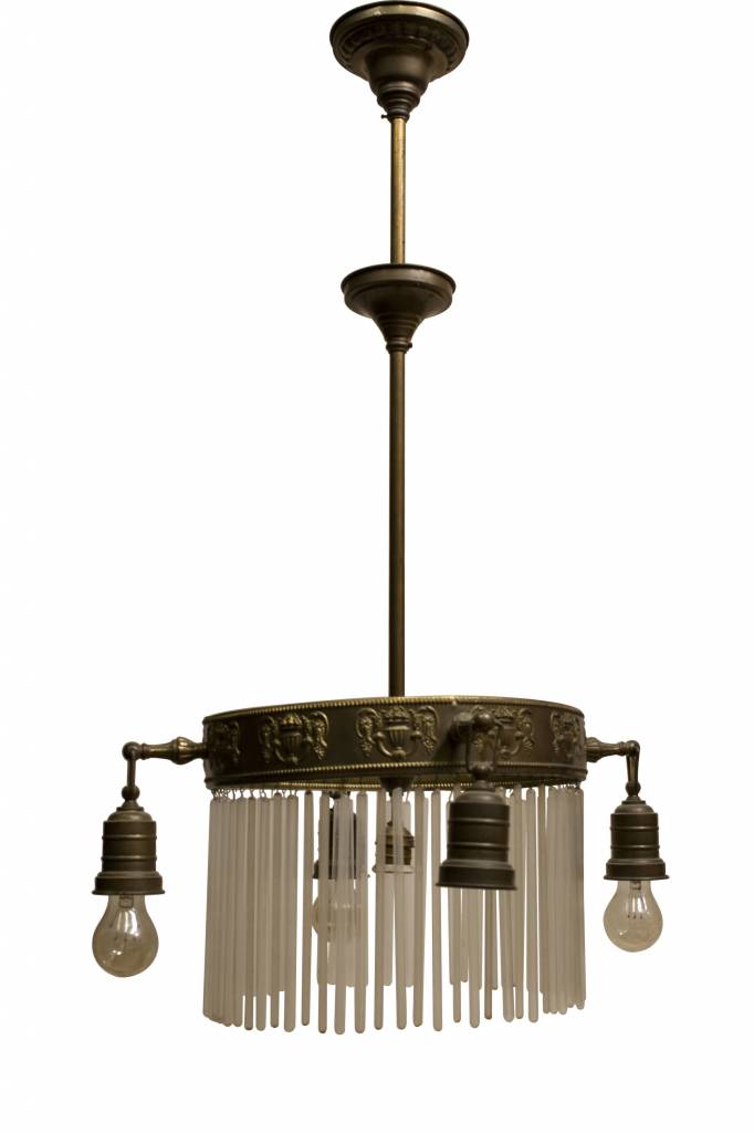 De waarheid vertellen geestelijke ventilator Antieke Hanglamp, koperen armatuur met lange glazen kralen, ca 1910 -  Lamplord