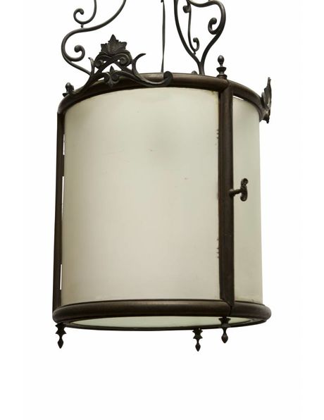 Antique Lantern, copper fixture completely closed with frosted glass, 1910s